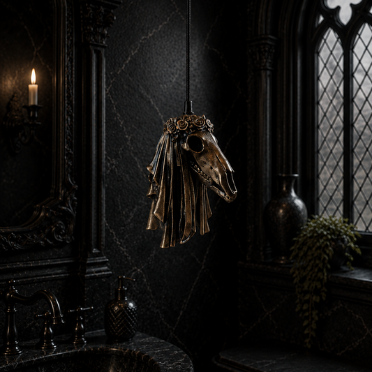Bronze Mari Lwyd light pull inspired by Welsh folklore, featuring a detailed horse skull design for gothic and alternative home decor.