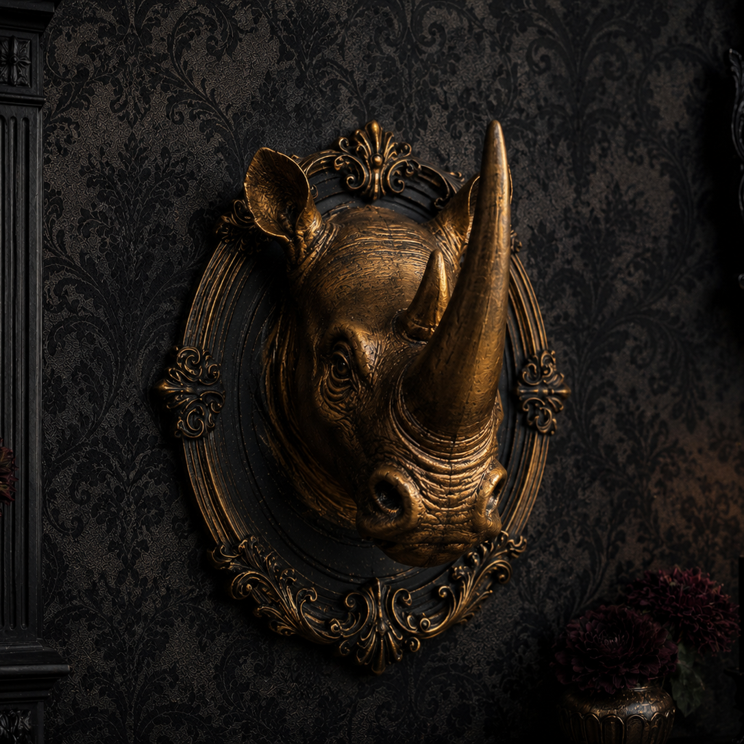 Hand painted bronze rhino gothic wall frame made from resin cast with ornate detailing.