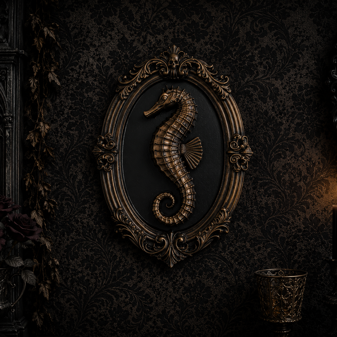 Hand painted bronze seahorse wall décor in an ornate gothic resin frame measuring approximately 6 inches.