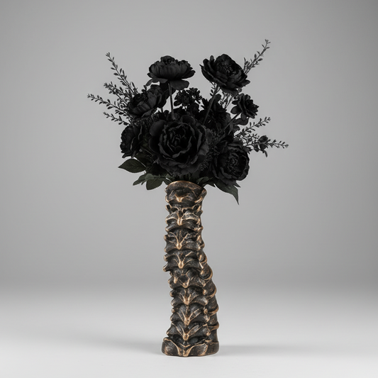 Bronze anatomical spine vase hand painted on 3D printed black plastic, displayed with dried flowers as gothic home décor.