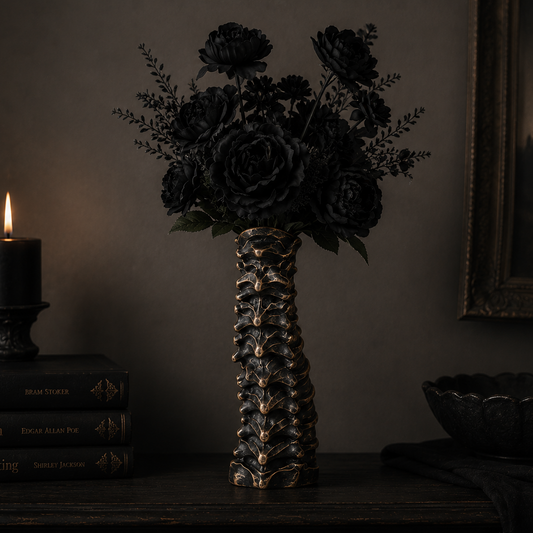 Bronze spine vase with anatomical vertebrae design displayed as gothic home decor for dried flowers and decorative stems.