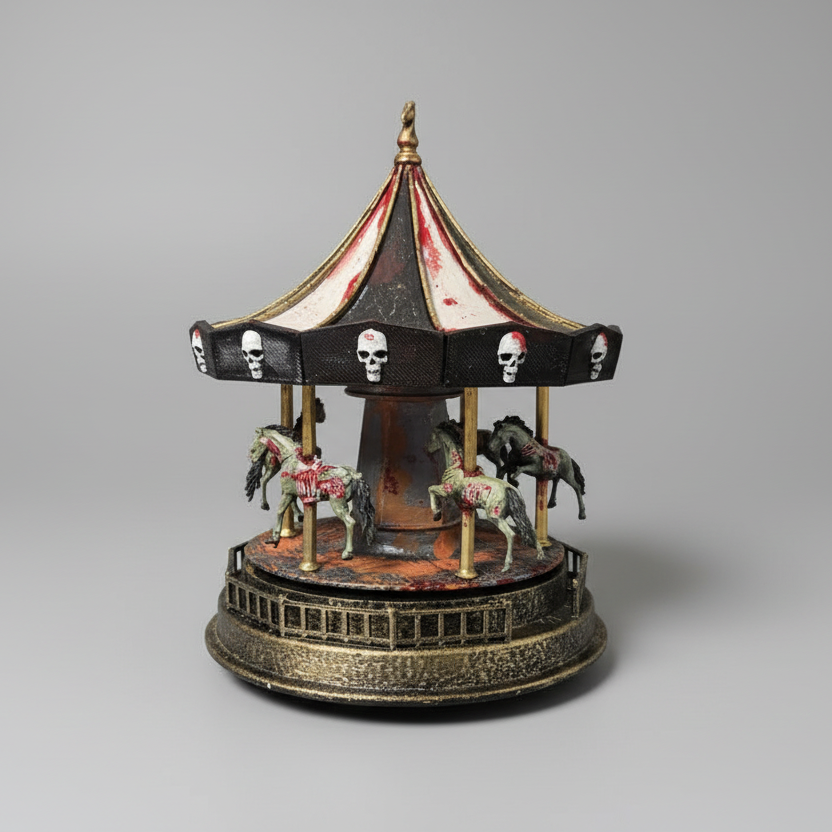 Carousel of the Dead handmade animated gothic carousel featuring moving undead horses and haunting music.