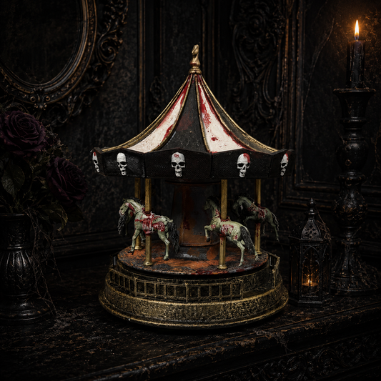 Handmade Carousel of the Dead with moving undead horses, haunting music and hand-painted gothic details, displayed as a unique horror centrepiece.
