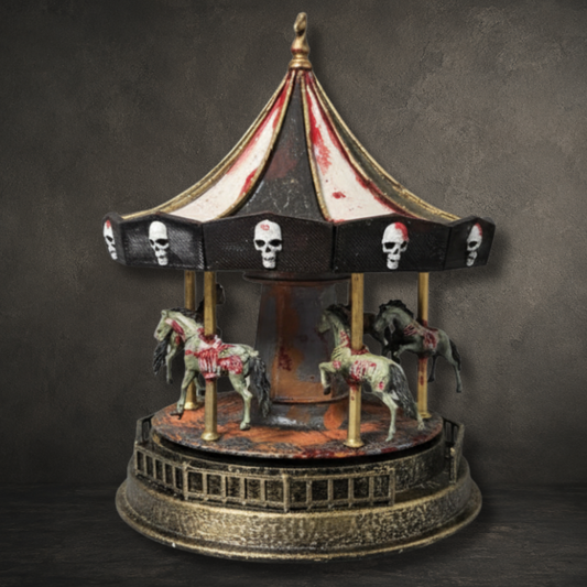Hand painted Carousel of the Dead working gothic carousel with mechanical music box movement.