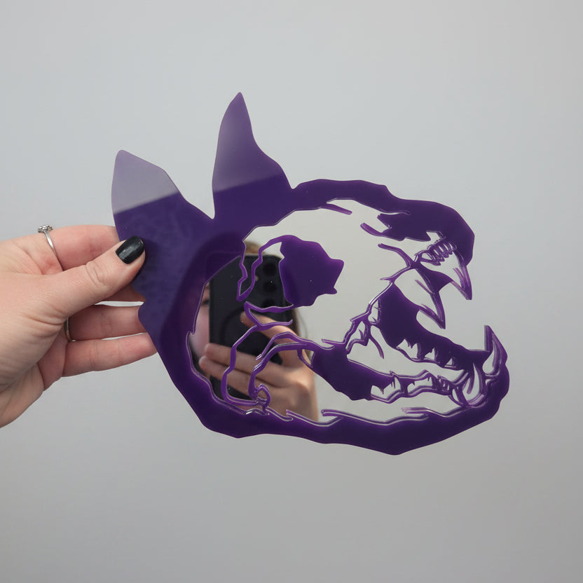 Cat skull acrylic mirror in grape purple with silver mirrored centre for gothic home décor.