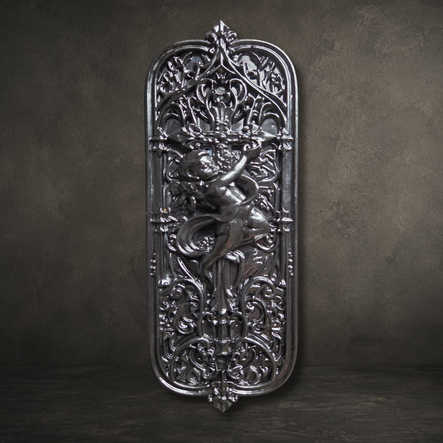 Cathedral Cherub Gothic door push plate in black resin with ornate cathedral scrollwork and matching black fixing screws.