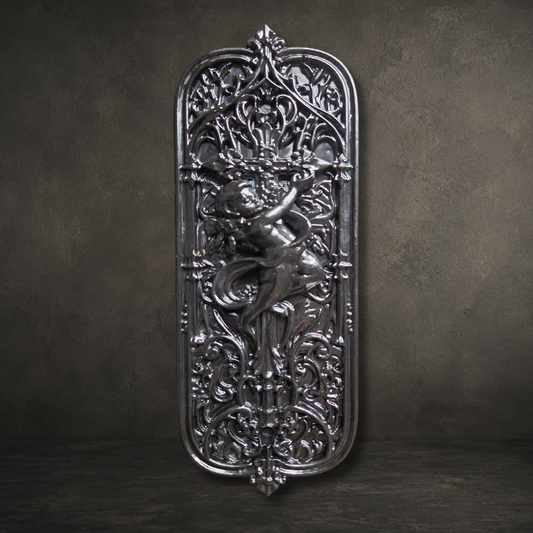 Cathedral Cherub Gothic door push plate in black resin with ornate cathedral scrollwork and matching black fixing screws.