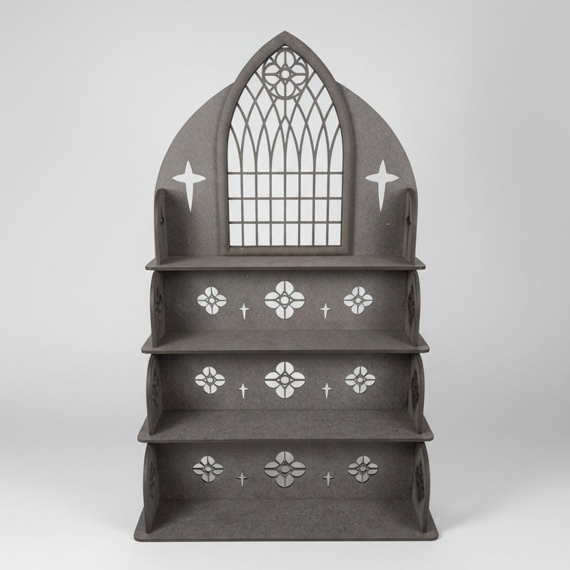 Tall gothic cathedral display shelf with four tiers for ghosts, curiosities and miniature decor