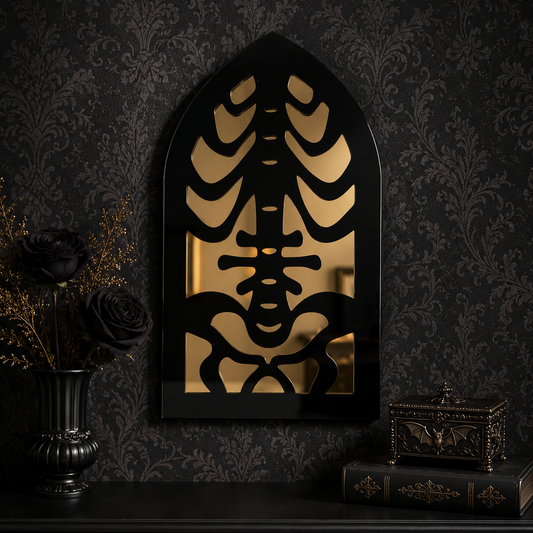 Gothic cathedral spine acrylic mirror featuring an anatomical spine design framed by cathedral-inspired architecture, perfect for alternative home decor and dark interiors.