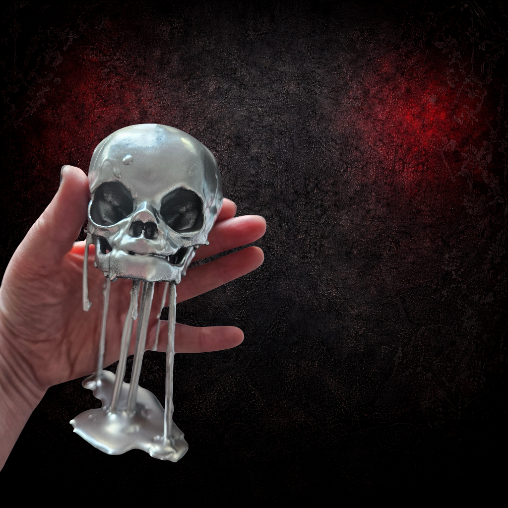 Silver Chrome Fetus Skull – Resin Drip Gothic Décor