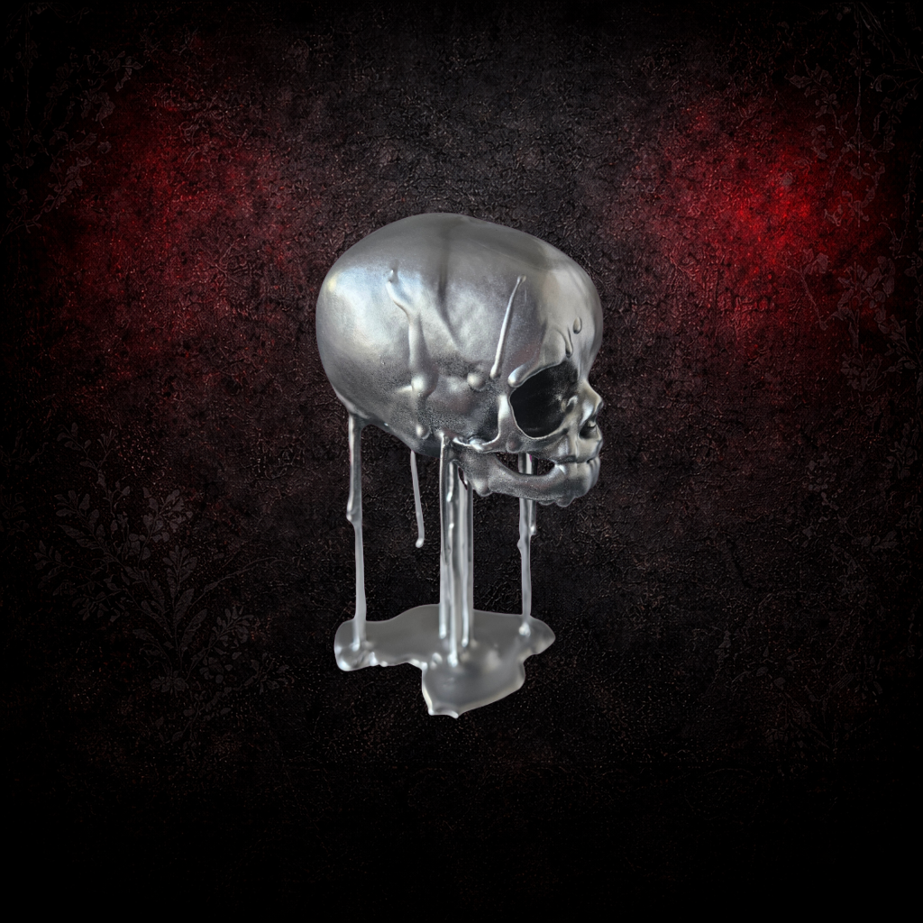 Silver Chrome Fetus Skull – Resin Drip Gothic Décor