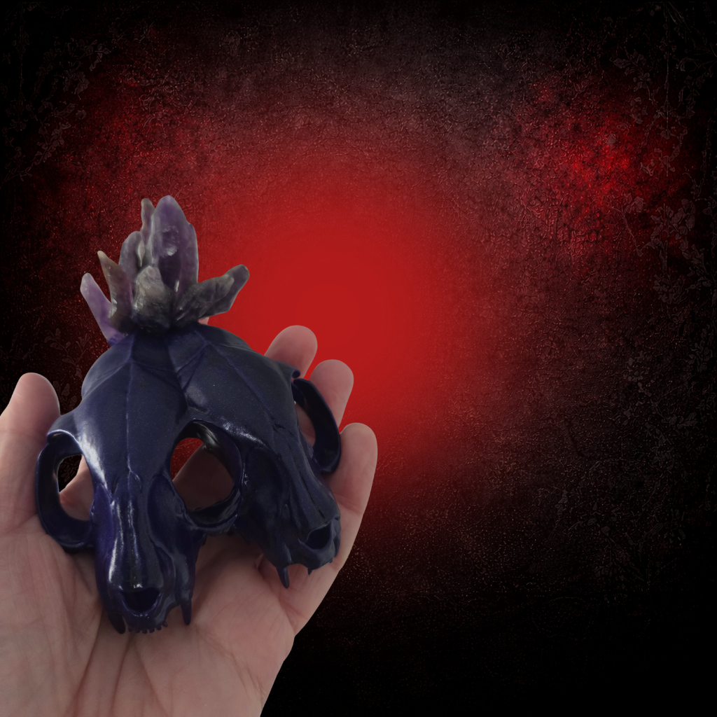 Conjoined cat skull with amethyst crystal gothic decor