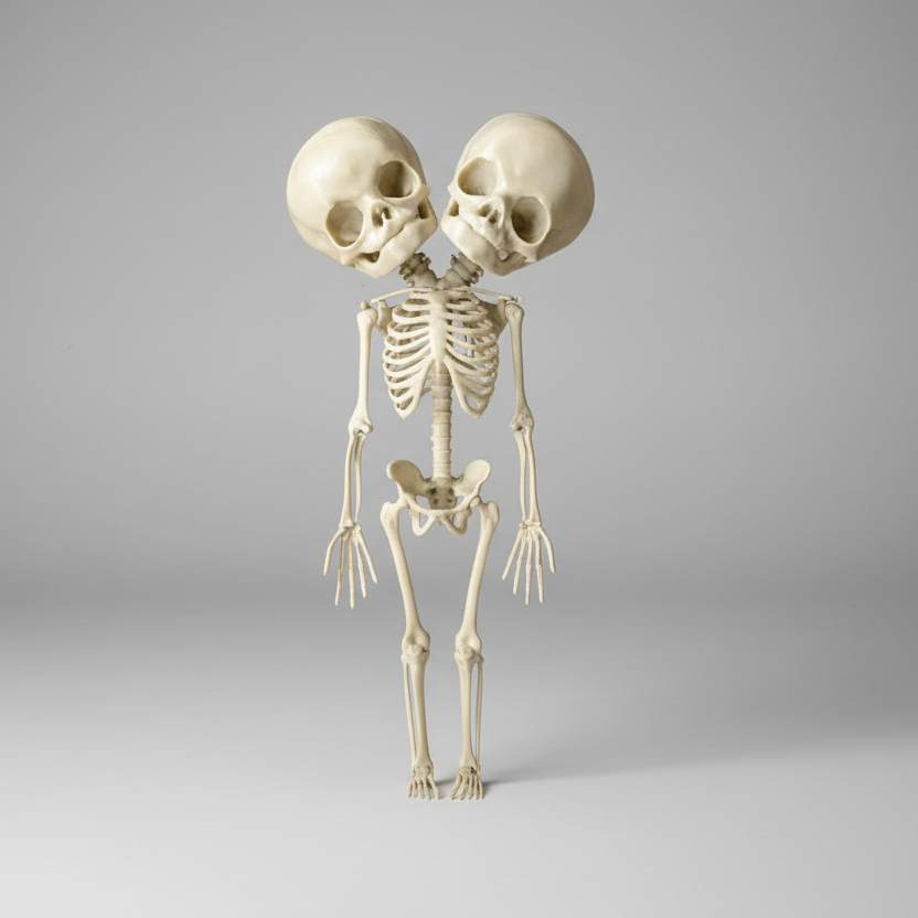 Hand painted conjoined fetus skeleton figurine devil version with horned skulls front view