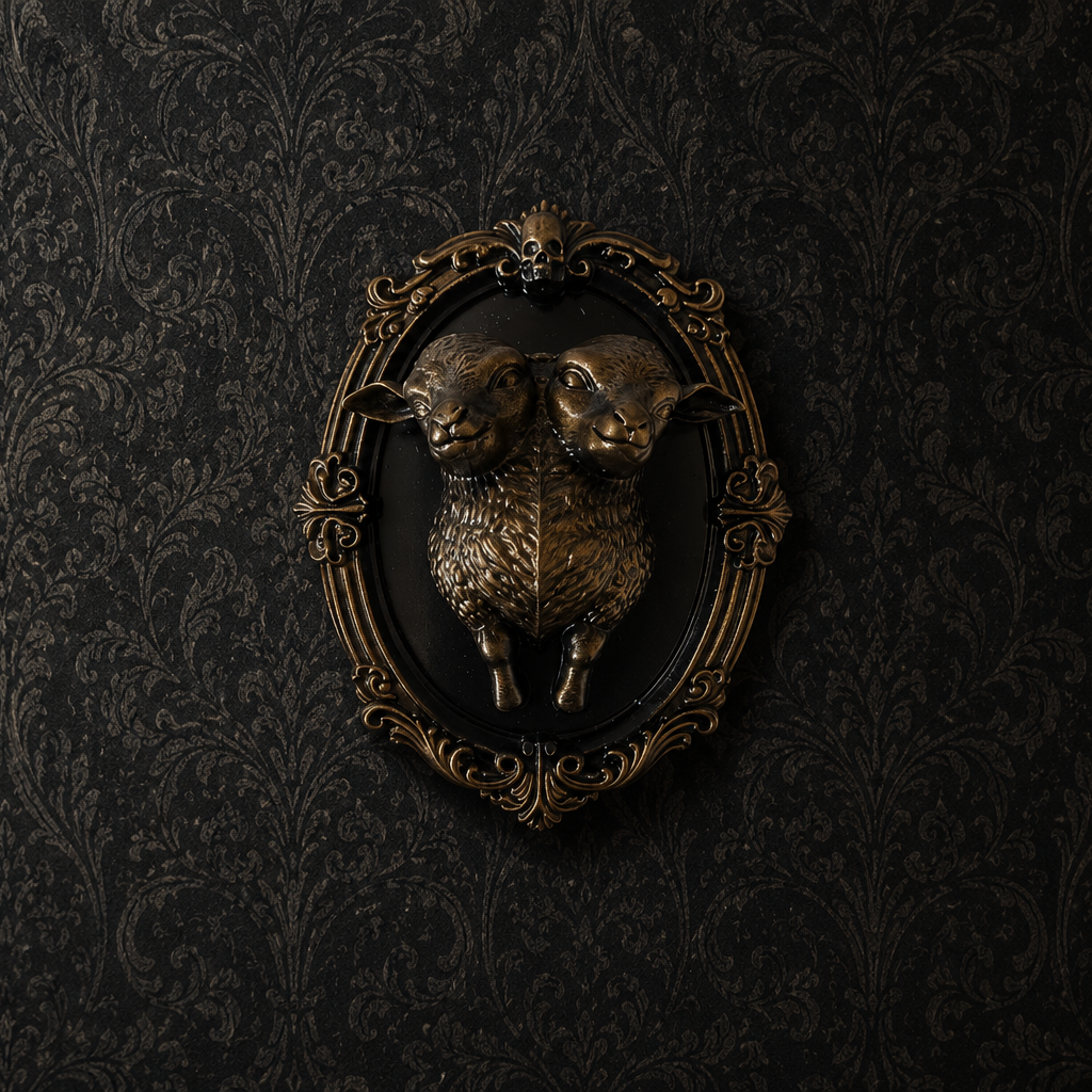 Gothic conjoined lamb wall frame featuring a detailed double-headed lamb design, ideal for alternative home decor, dark interiors, and curiosity collections.
