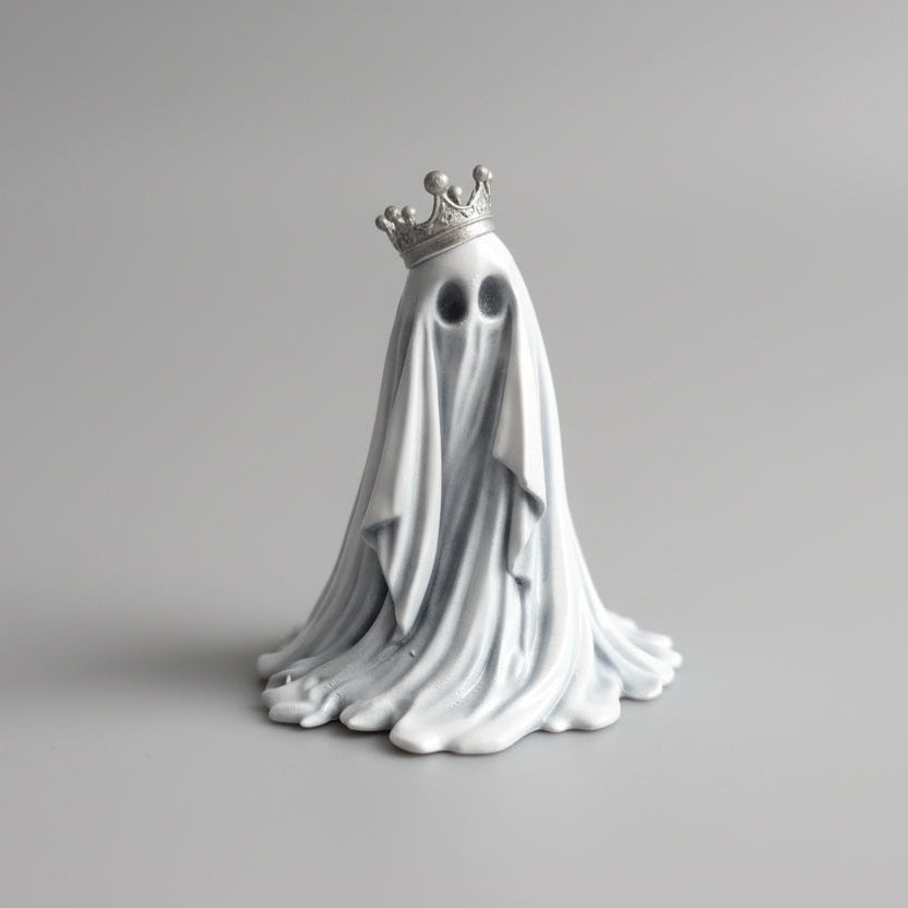Close up of The Little Monarch ghost showing silver crown detail and smooth draped shape