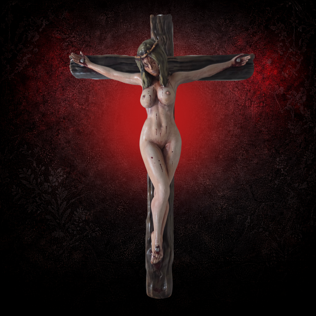 Glossy black crucified gothic statue