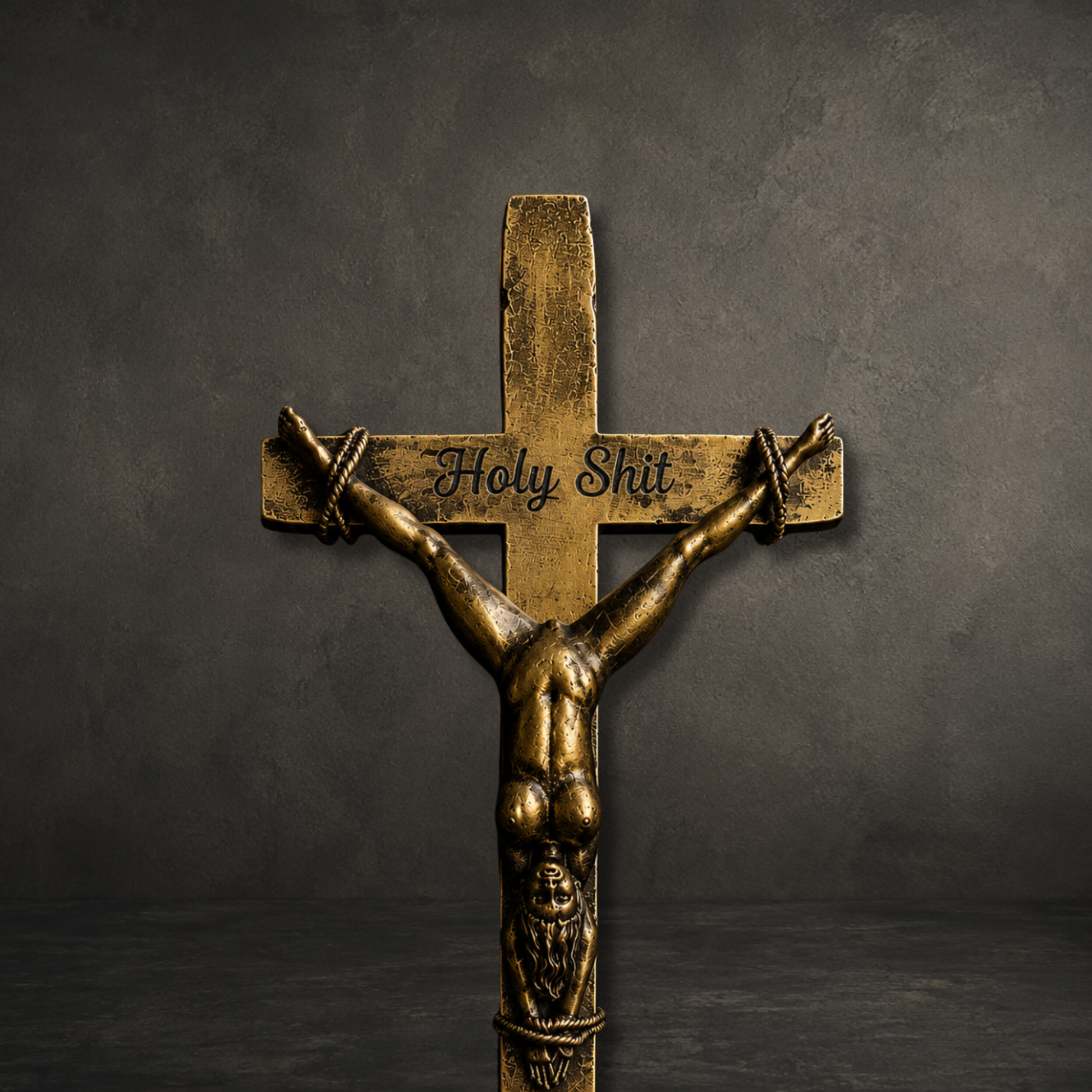 Custom engraved gothic crucifix wall plaque featuring an ornate female figure with personalised text, perfect for alternative and gothic home décor.