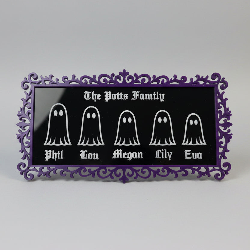 Custom acrylic ghost family wall sign featuring personalised names, optional pet ghosts and gothic decorative border.