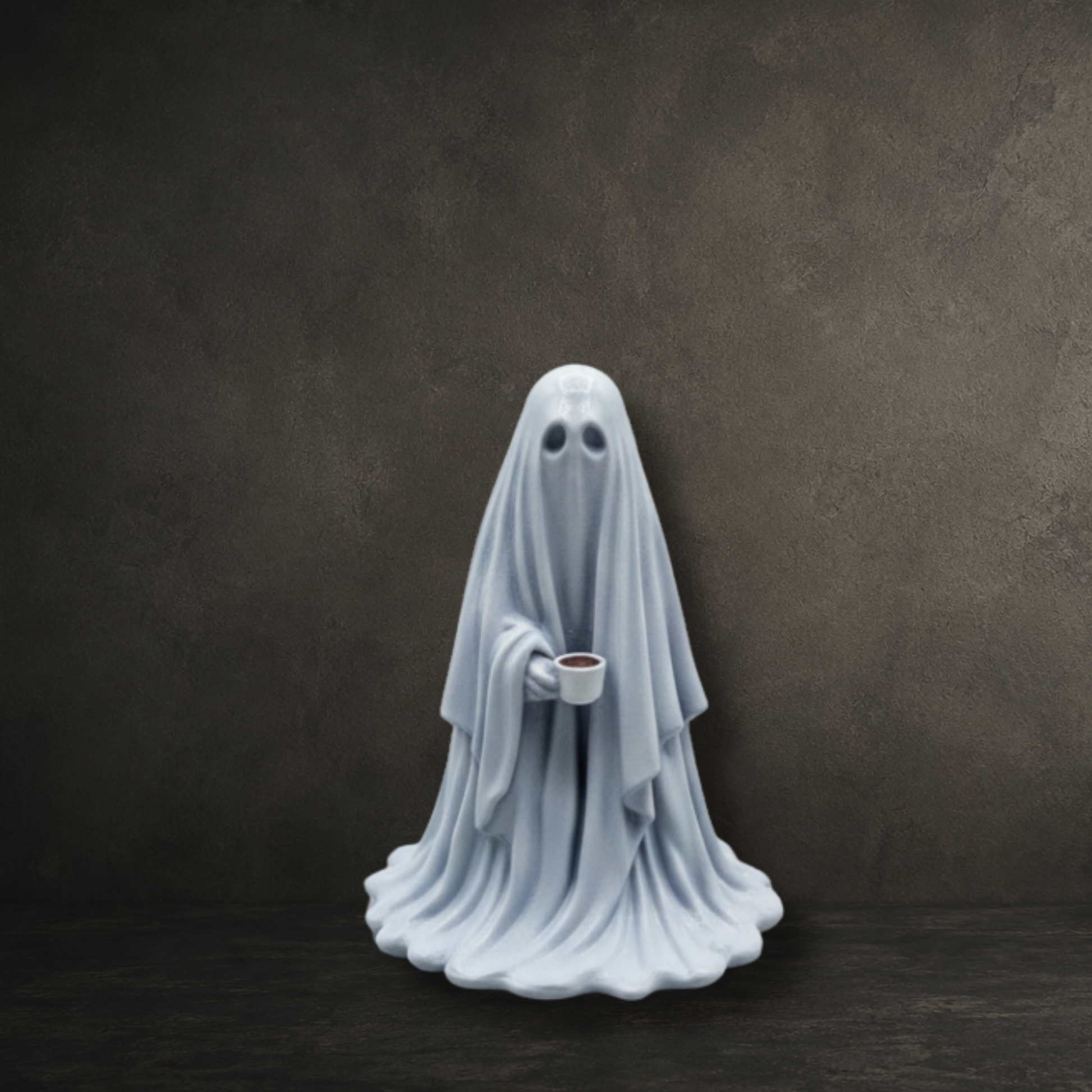 Cute hand painted resin ghost carrying a coffee cup, perfect for gothic home décor, desks and ghost collections.