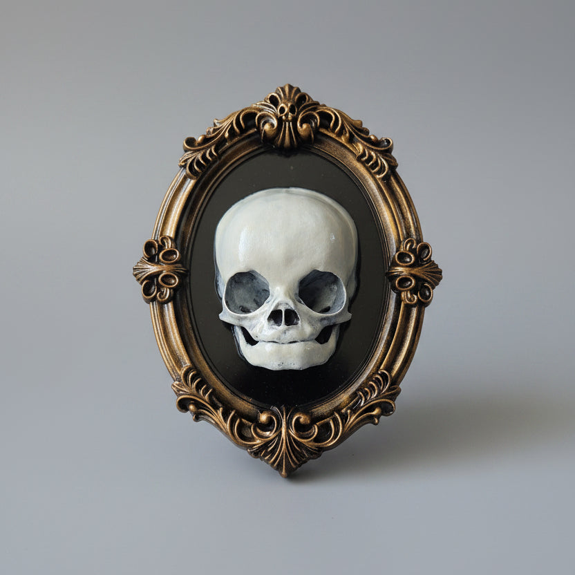 Dark academia inspired fetus skull frame with antique gothic styling and ornate edging