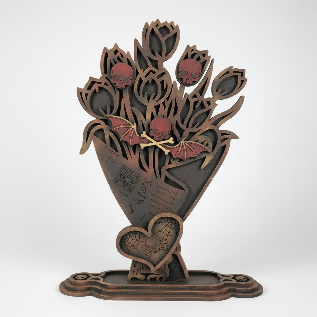 Layered wooden gothic bouquet featuring skull accents and dark floral styling