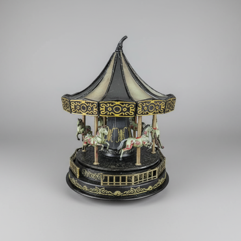 Handmade Carousel of the Dead by Darkmoon Designs featuring animated undead horses, haunting music and individually hand-painted gothic details.
