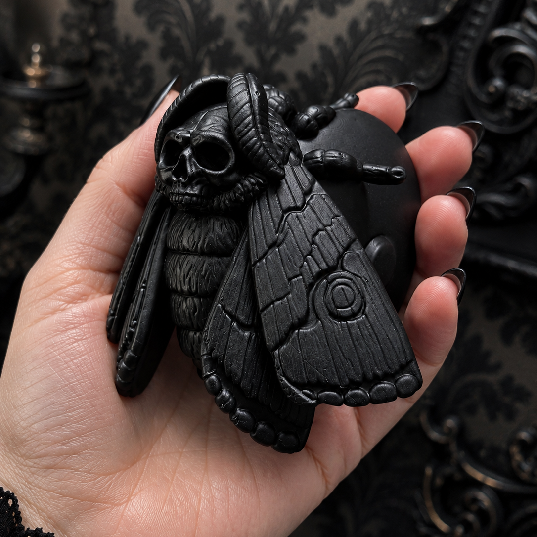 Pair of gothic Death's Head Moth curtain pole finials for 28mm curtain poles displayed as dark gothic home décor.