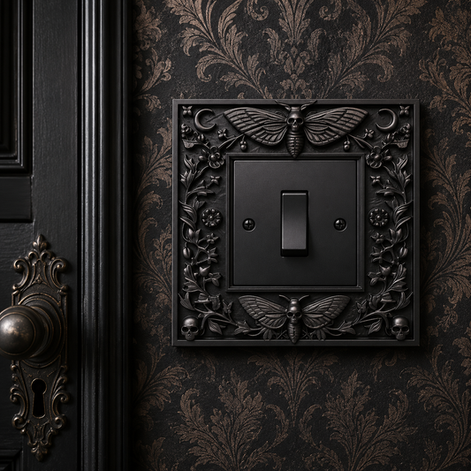 Death's Head Moth gothic light switch surround, hand-cast in durable resin to fit a standard UK single light switch, featuring an intricately detailed moth design for gothic and alternative home décor.