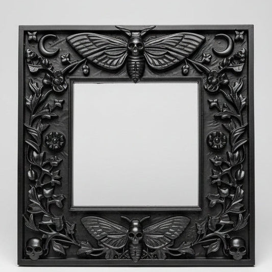 Death’s Head Moth light switch surround for UK square switches, black decorative wall frame with detailed moth wings and skull body design.