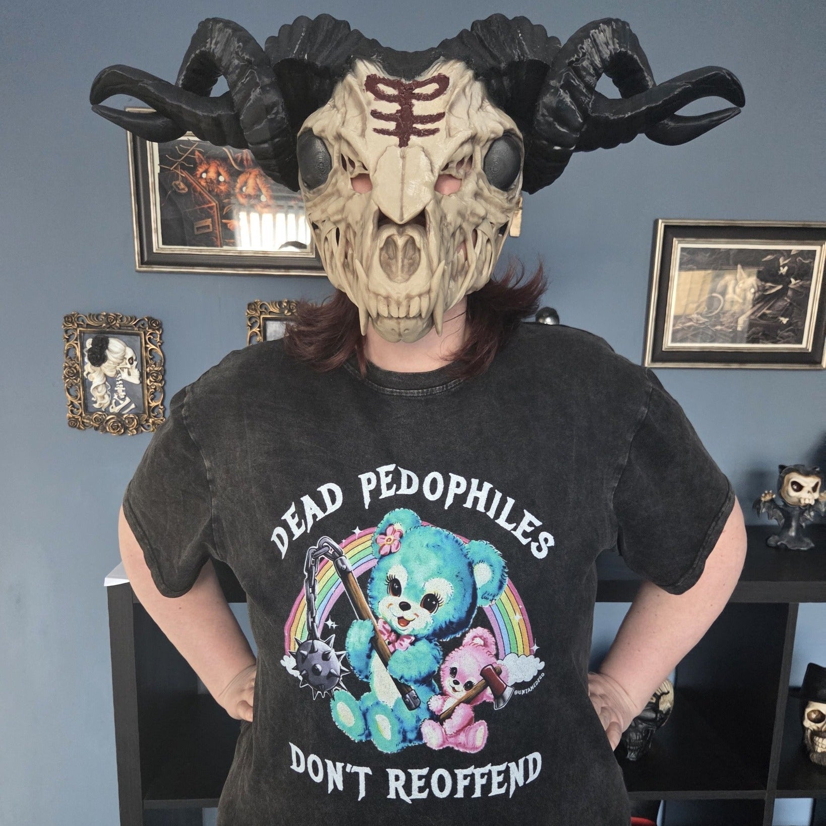 Person wearing an oversized gothic Devilheaddress mask with towering curved horns and dark textured detailing, styled as a dark fantasy costume piece by Darkmoon Designs. A completely reasonable thing to put on your head while trying to walk through doorways.