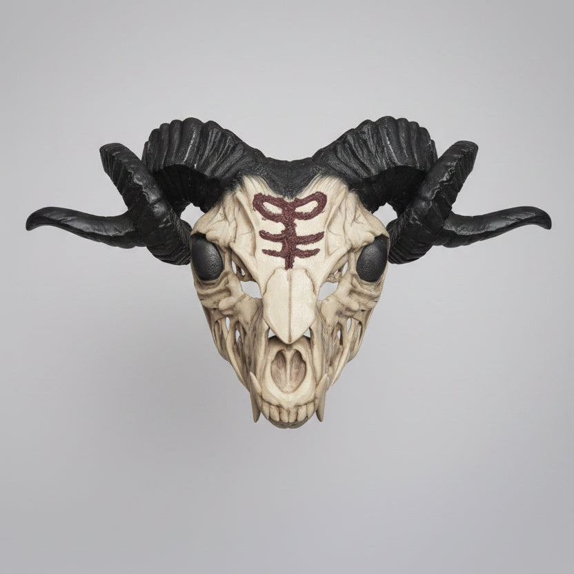 Oversized gothic devilheaddress mask with large curved horns and dark fantasy detailing by Darkmoon Designs
