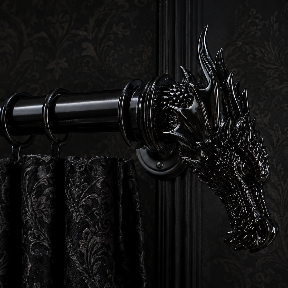 Gloss black dragon curtain pole finials fitted to a 28mm curtain pole with luxurious black gothic curtains.