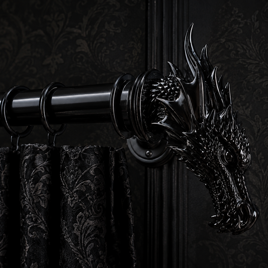 Gloss black dragon curtain pole finials fitted to a 28mm curtain pole with luxurious black gothic curtains.