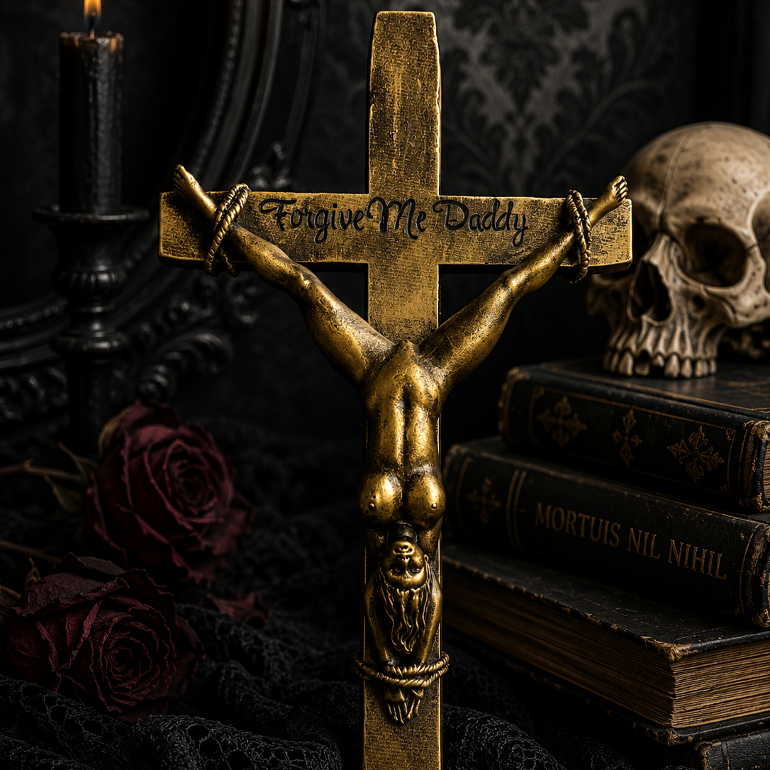 Antique gold crucified lady wall cross with personalised engraved wording and gothic styling.