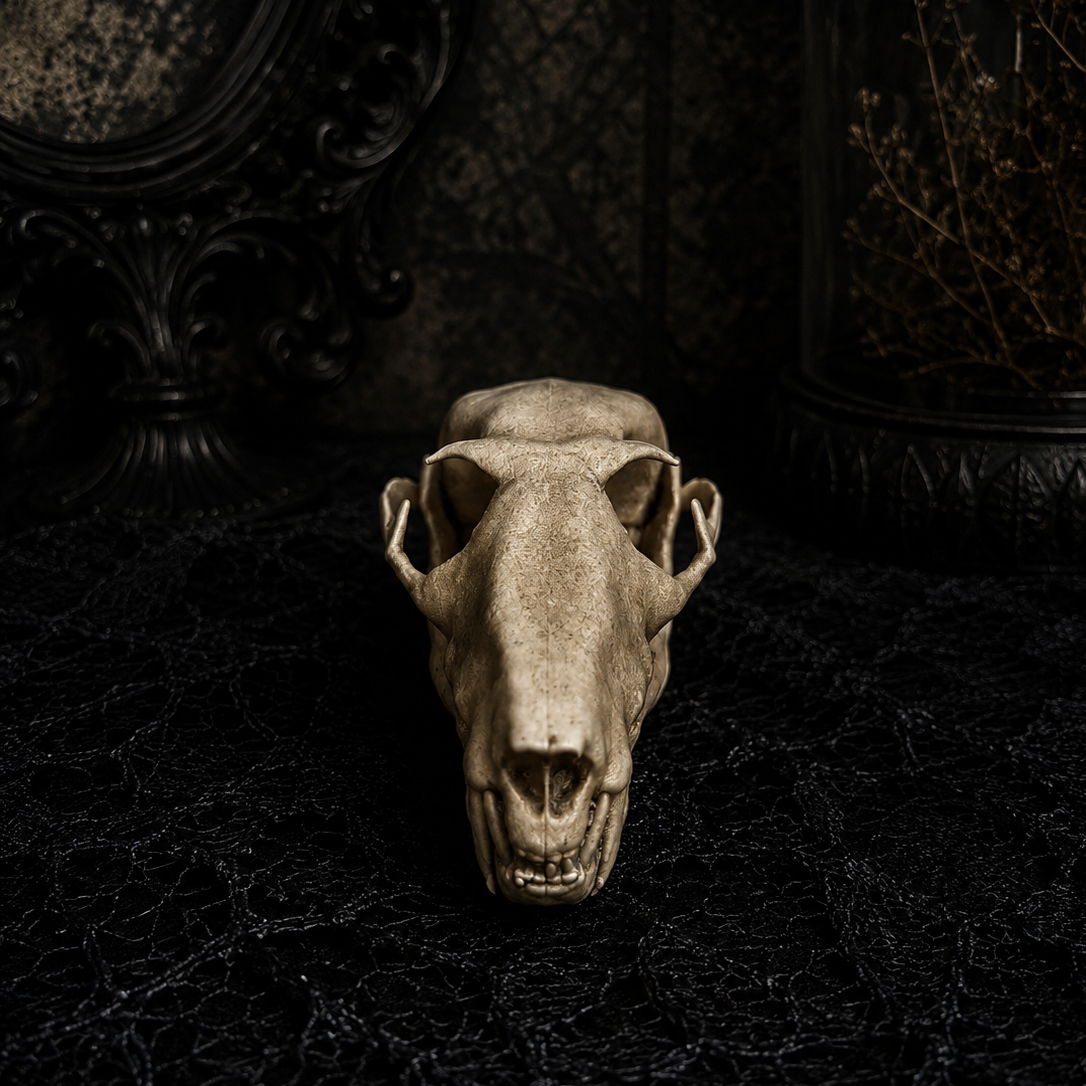 Hand painted faux fruit bat skull made from resin with a realistic aged bone finish for gothic home décor.