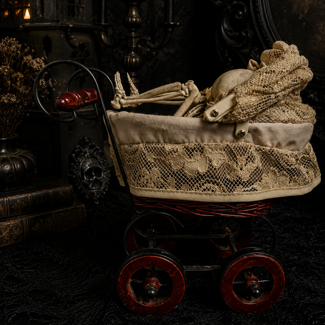 Hand painted faux replica fetus skeleton displayed in a vintage-style pram.