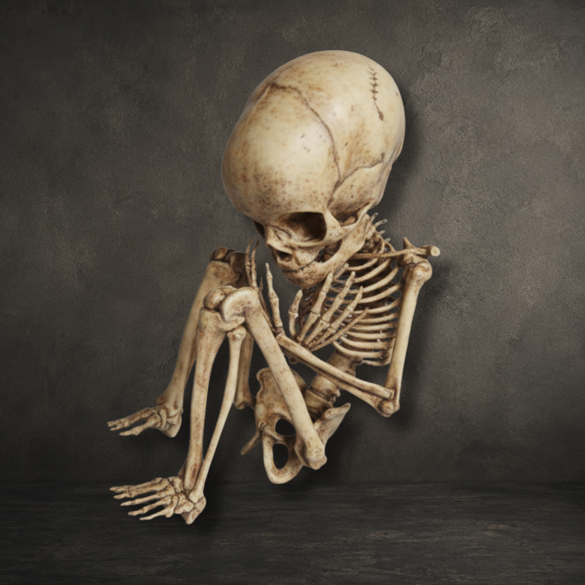 Hand painted resin fetus skeleton replica measuring 8 inches long with realistic anatomical bone detailing.