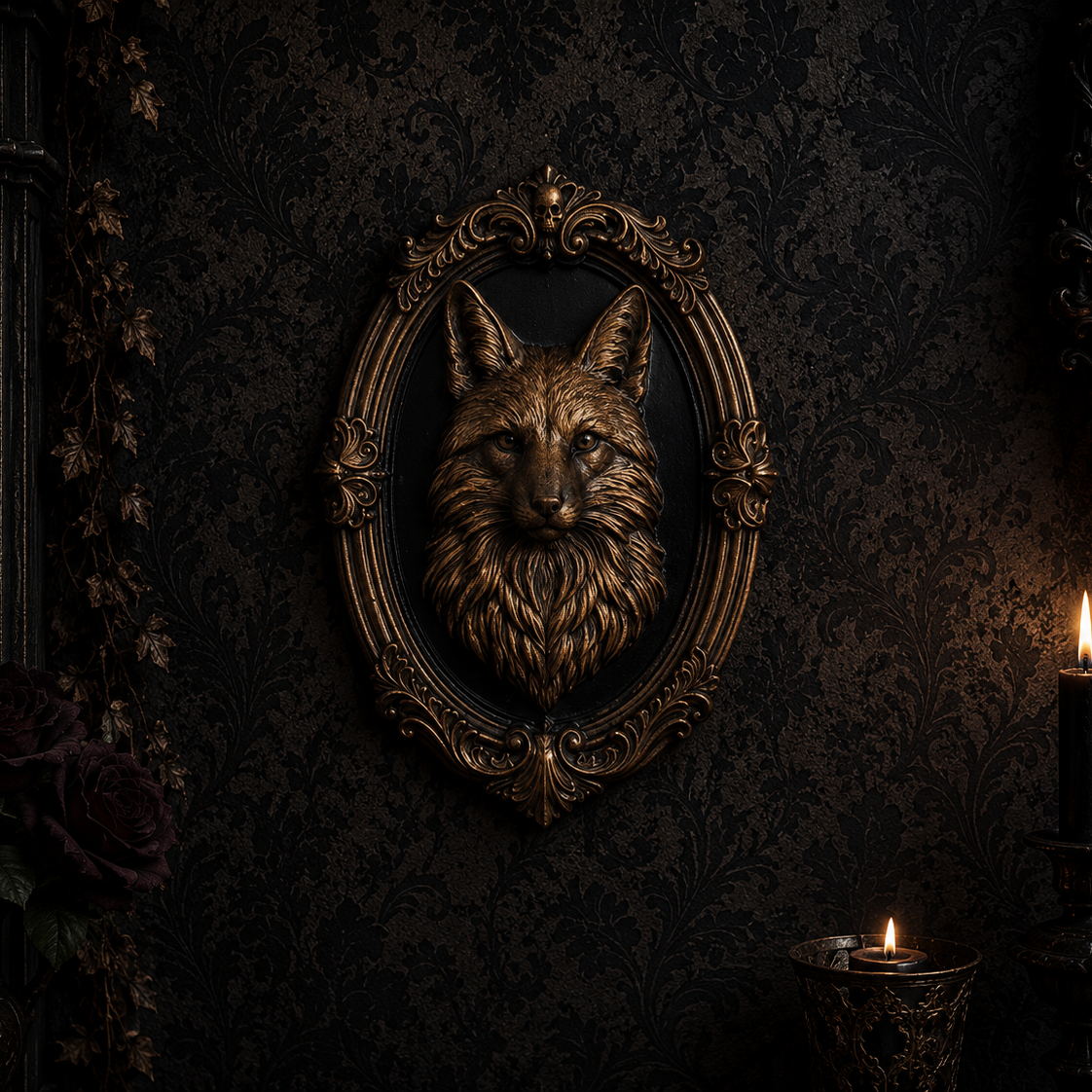 Hand painted bronze Fox Frame gothic wall decor made from resin with ornate woodland-inspired detailing.