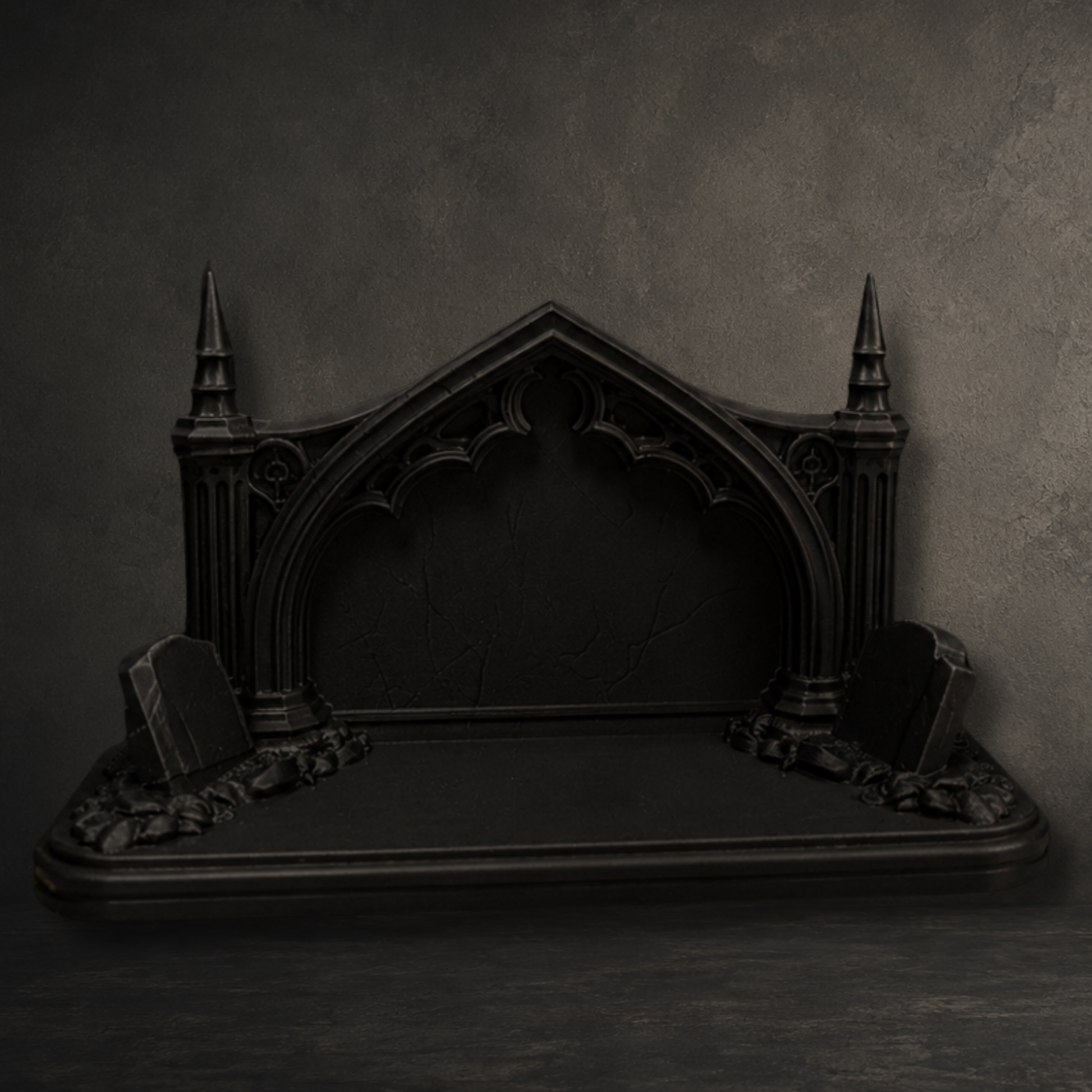 Matte black Gothic ghost display shelf with cathedral arch, gravestones and spires, freestanding or wall mounted for displaying collectible ghost figures.