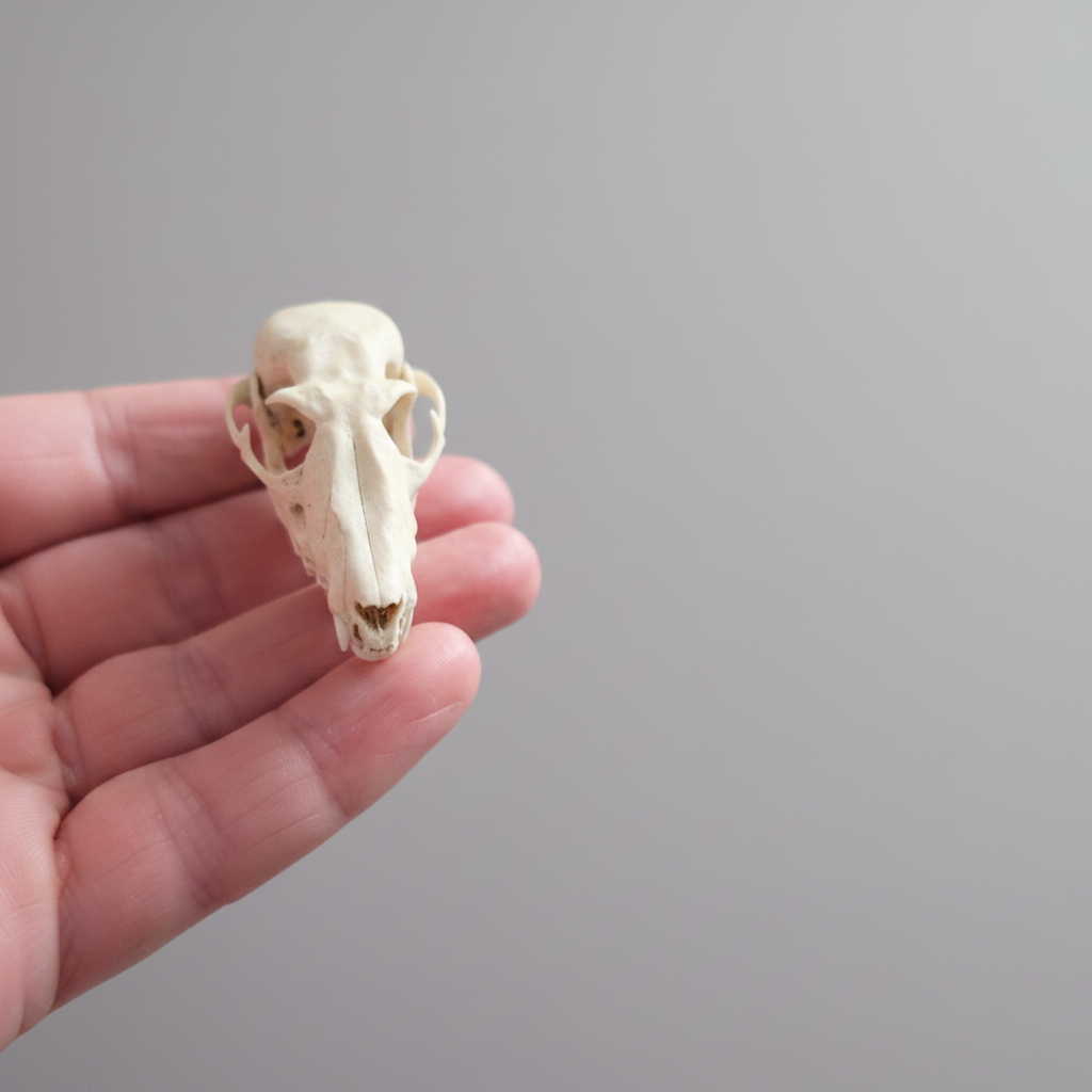 Fruit bat faux skull replica displayed amongst gothic curiosities and dark decor accessories