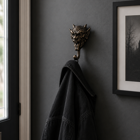 Bronze gargoyle wall hook mounted on a dark grey hallway wall with a black jacket hanging from the hook, styled in a modern gothic home interior