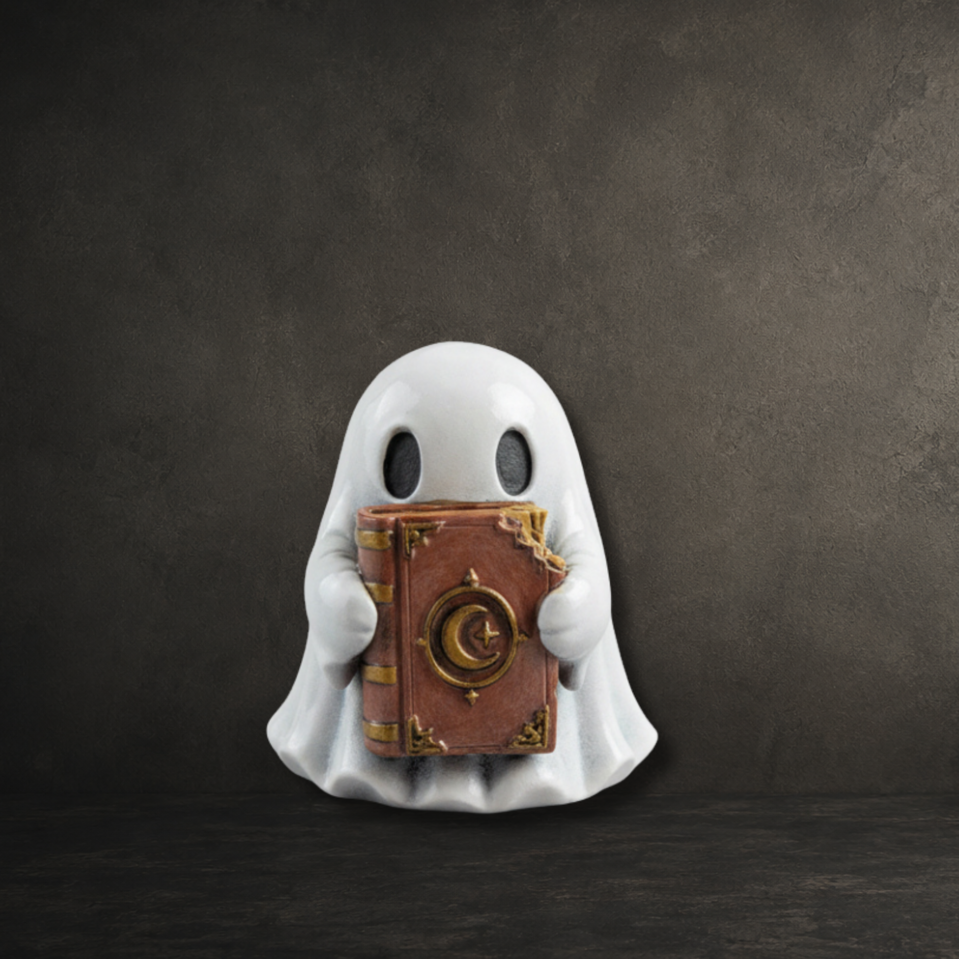 Small ghost ornament carrying a magical book for gothic décor