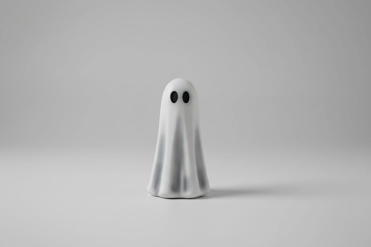 Hand painted resin ghost light pull front view with hollow eyes and flowing sheet design