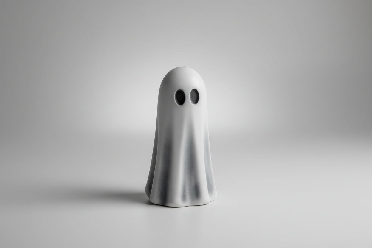 Side profile of hand painted resin ghost light pull showing smooth draped shape