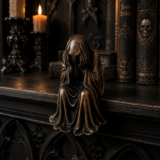 Bronze resin ghost shelf sitter without feet displayed on a gothic bookshelf among books and ornaments.