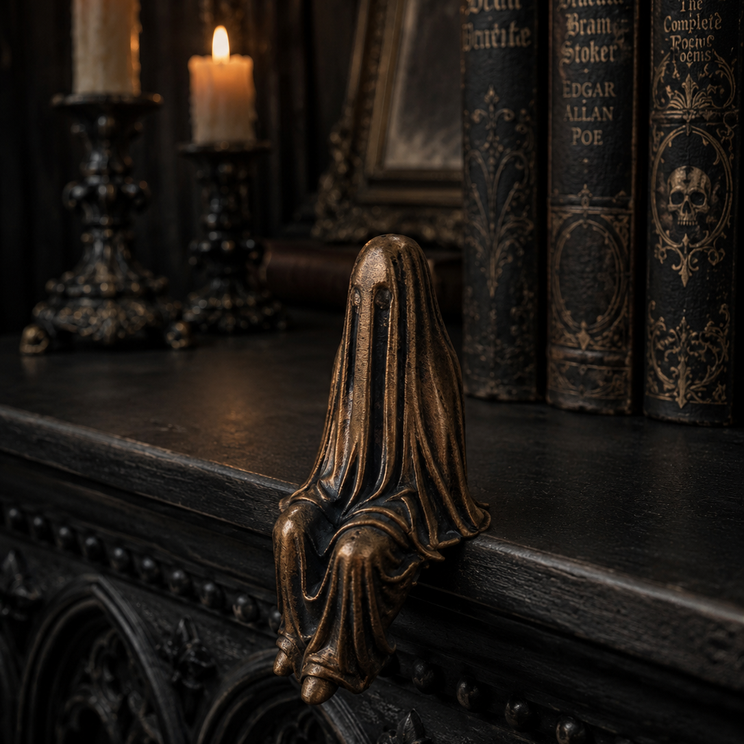 Bronze resin ghost shelf sitter with dangling feet sitting on the edge of a bookshelf.