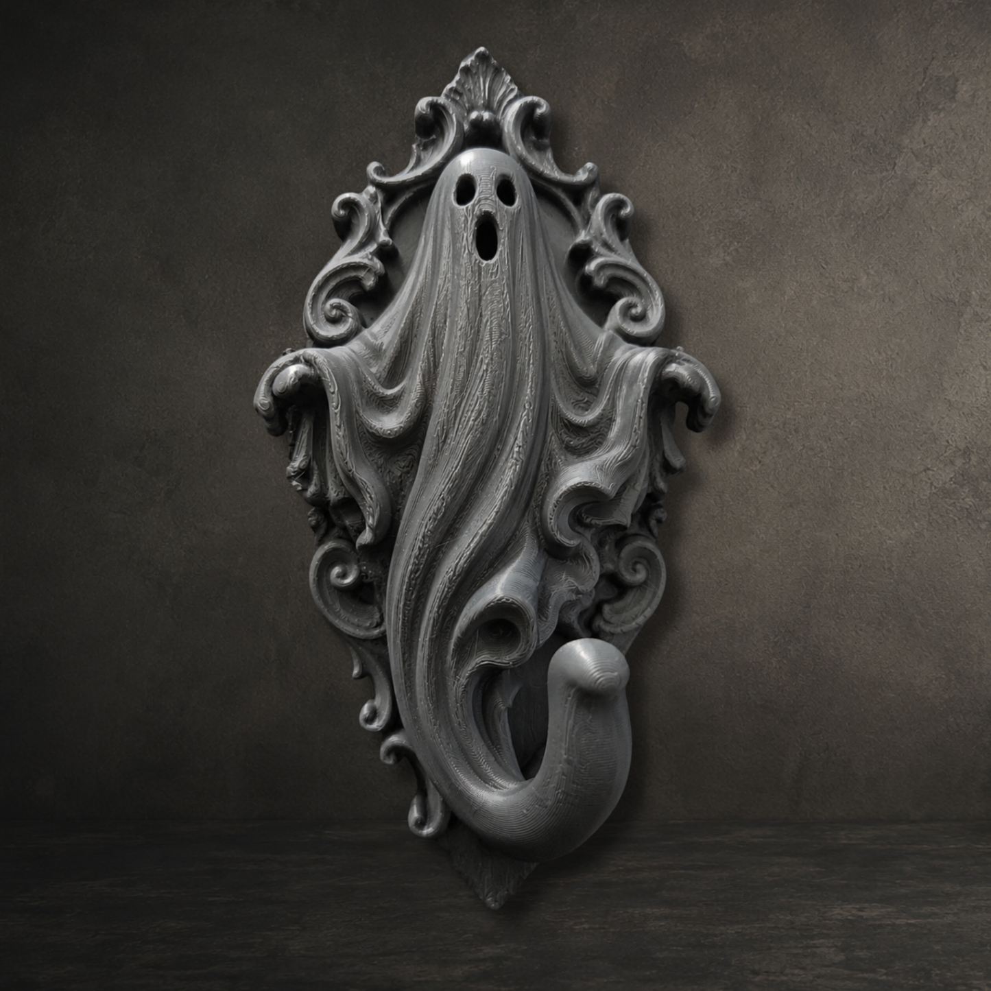 Black 3D printed gothic ghost wall hook with ornate Victorian backplate, ideal for hanging coats, keys, towels and bags.