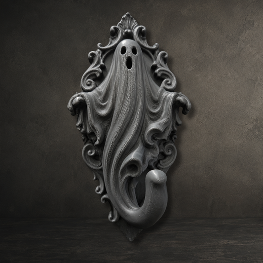 Black 3D printed gothic ghost wall hook with ornate Victorian backplate, ideal for hanging coats, keys, towels and bags.