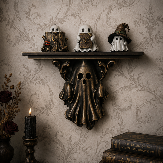 Gothic ghost wall shelf corbel designed to support floating shelves, featuring a decorative ghost motif for alternative and spooky home interiors.