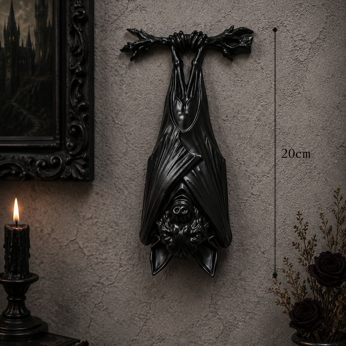 Gloss black gothic bat wall decor featuring detailed winged bat artwork, perfect for alternative interiors, spooky displays, and gothic gallery walls.